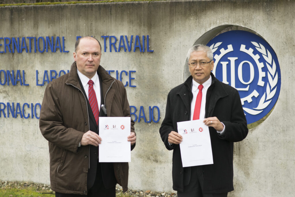 Valter Sanches, IndustriALL Global Union and Ambet Yuson, Building and Wood Workers' International at the International Labour Organization