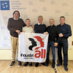 Kemal Ozkan, IndustriALL assistant general secretary, Alexander Yaroshuk, chair of the Belarusian Congress of Democratic Trade Unions (BKDP), Atle Høie, IndustriALL general secretary, Gennady Fedynich and IndustriALL director Alexander Ivanou in Villnius, December 2026.