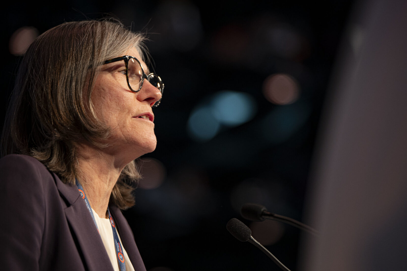 Portrait of Christiane Benner speaking at IndustriALL's 4th Congress, Sydney, November 2025