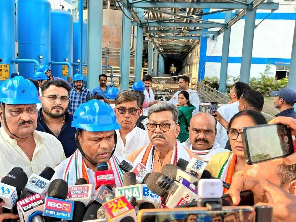 Union leaders including Sanjay Singh speak to media at the Singhitarai power plant in Chhattisgarh following the explosion that killed at least 20 workers