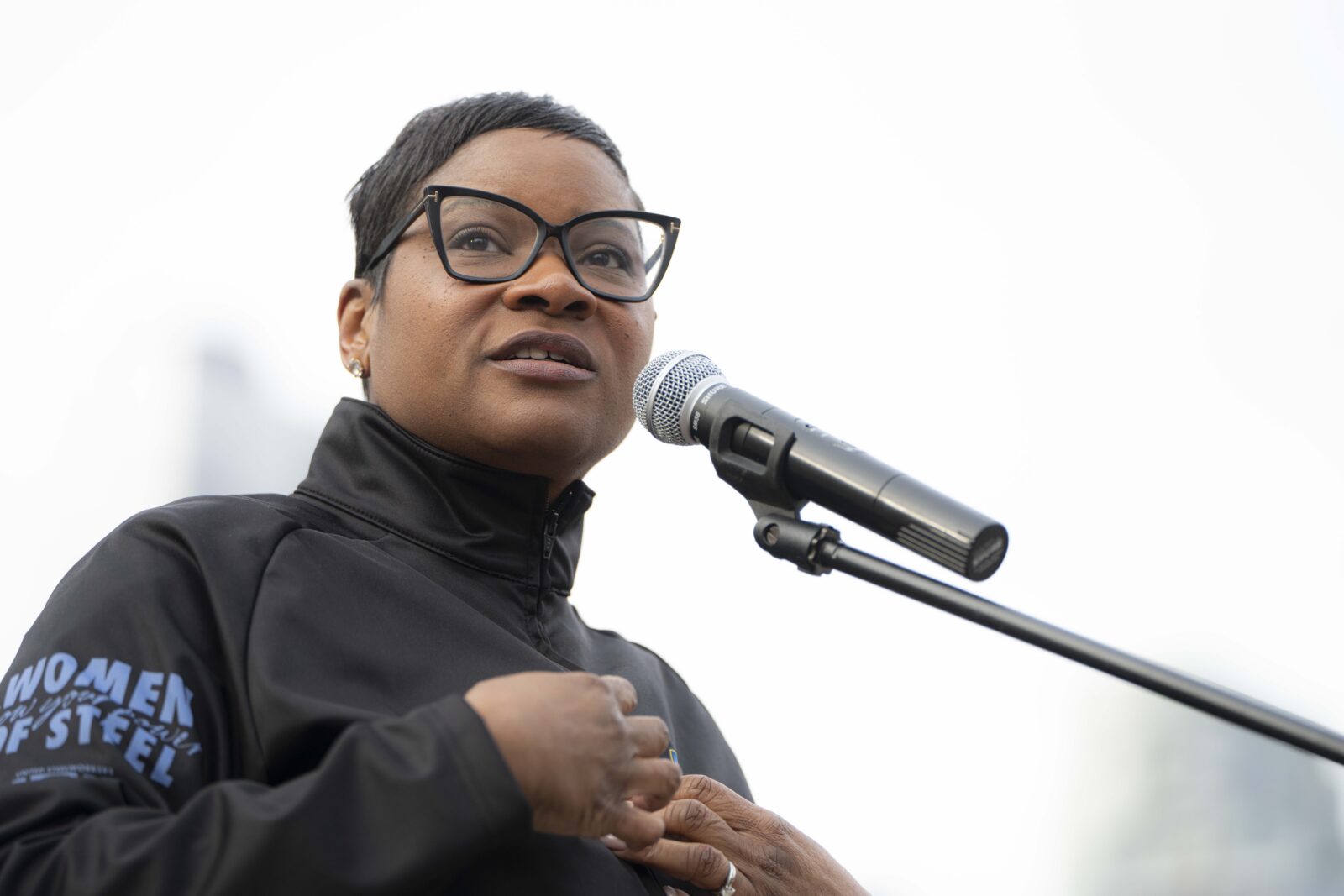 Roxanne Brown, international president of the United Steelworkers, speaking at the USW Women of Steel conference rally in Toronto, 1 April 2026