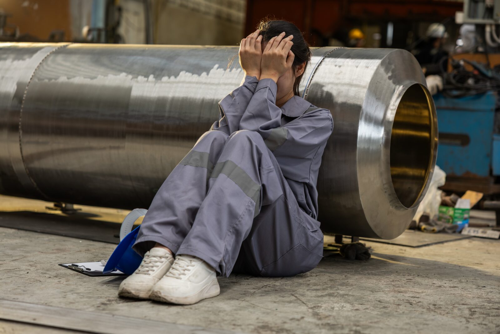 A worker in overalls sits on a factory floor with her head in her hands, leaning against heavy industrial machinery