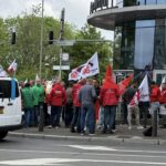 workers rally outside ArcelorMittal headquarters, Luxembourg, 5 May 2026