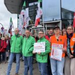 Steel workers and union representatives demonstrate outside ArcelorMittal AGM, Luxembourg, 5 May 2026