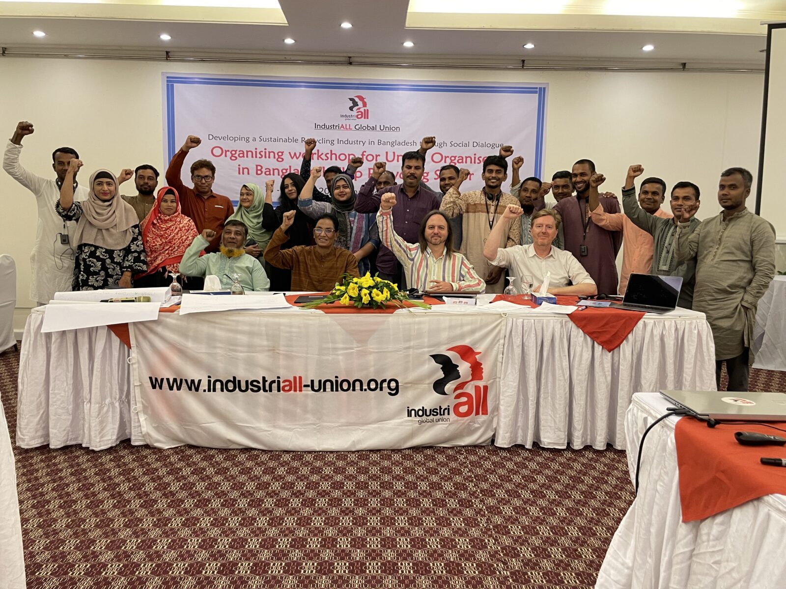 Union organizers raise their fists in solidarity at the IndustriALL organising workshop for the Bangladesh ship recycling sector, Chattogram, 19 June 2026