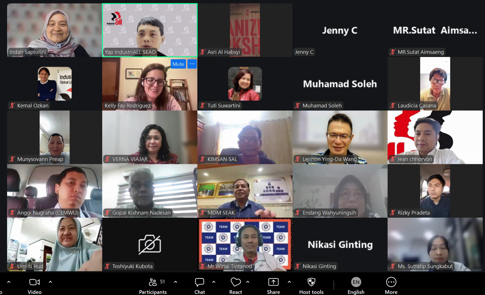Screenshot of a Zoom webinar with participants from IndustriALL Global Union and affiliated trade unions across South East Asia.