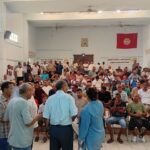 Workers gather at a rally at the Regional Labor Union headquarters in Gafsa during the three-day strike in early September 2026.