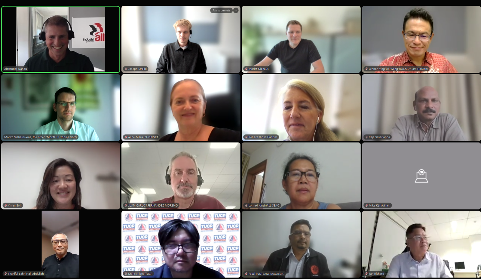 Screenshot of an online meeting showing 16 participants in the IndustriALL semiconductor network meeting in a video call grid.