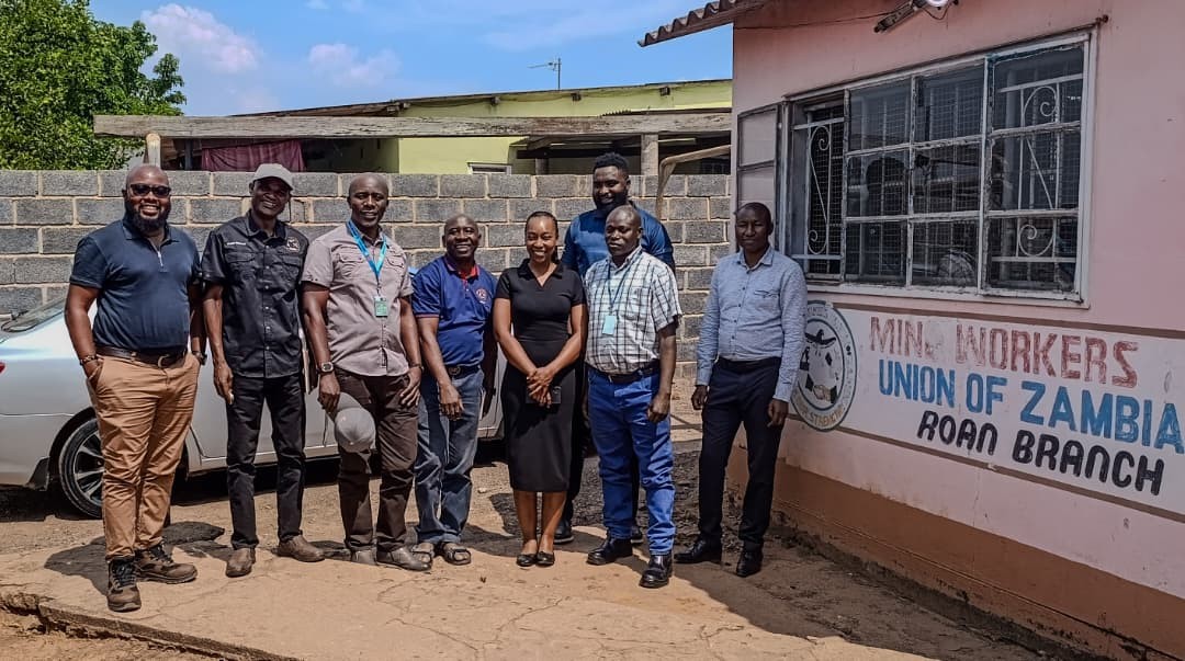 Union representatives outside the Mineworkers’ Union of Zambia Roan branch office, which organizes workers at Chinese-owned mines