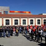 GE workers at Belfort protest in France on 25 April. 
