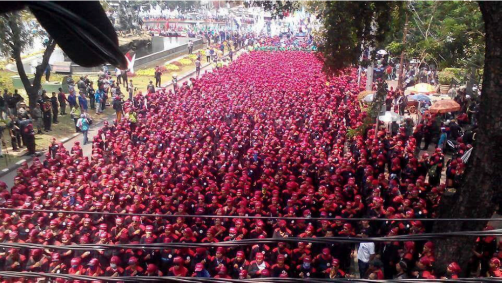Thousands of workers on the streets of Jakarta.