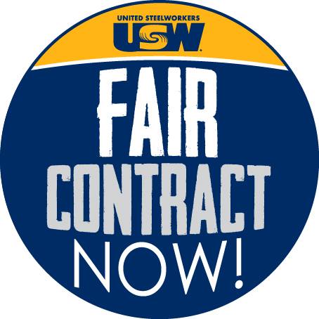 Over 30,000 workers employed in the U.S. steel industry are wearing a days “Fair contract now!” sticker to show solidarity with their co-workers in ArcelorMittal and U.S. Steel.