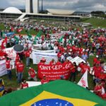 Brazilian unions demonstrate outside the House of Representatives in the capital Brasilia. 