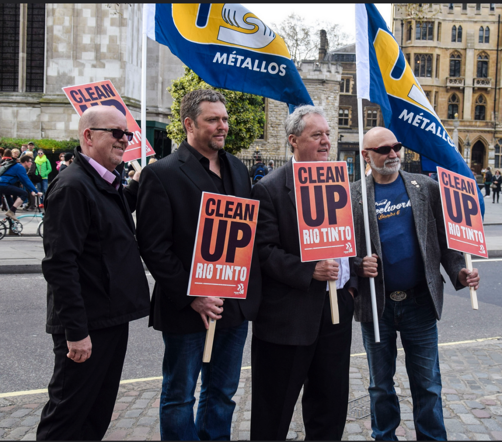 Ron Thomas, USW president at IOC Labrador, second from right, at rally outside Rio Tinto AGM in London, April 2015.