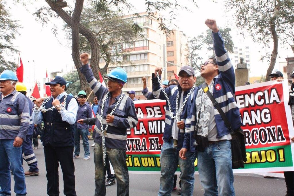 Workers at the Shougang Hierro mine in Peru during the general strike