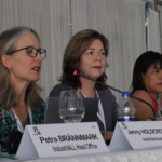 Jenny Holdcroft, Secrétaire générale adjointe d’IndustriALL, Michele O'Neil, coprésidente, Monica Veloso, coprésidente