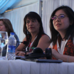 Jenny Holdcroft, Secrétaire générale adjointe d’IndustriALL, Michele O'Neil, coprésidente, Monica Veloso, coprésidente, et Aya Matsuura, spécialiste de la problématique hommes-femmes à l’OIT 