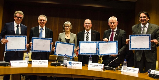 IndustriALL signs agreement with PSA at the ILO in Geneva. L-R Xavier Chéreau, Carlos Tavares, Deborah Greenfield, Valter Sanches, Luc Triangle and Kemal Özkan.