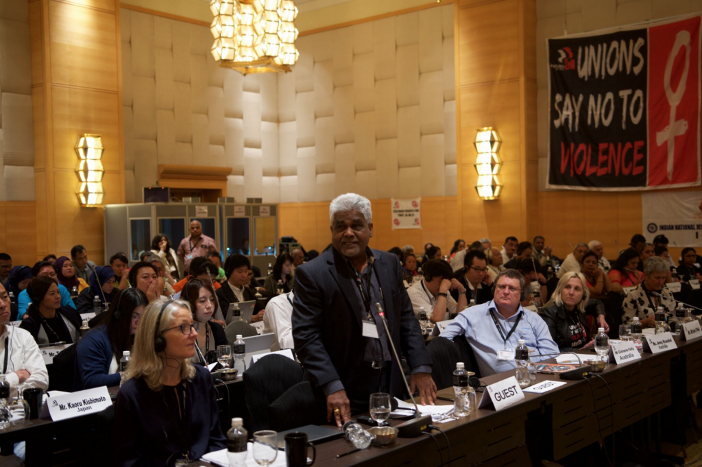 Gopal Kishnam at IndustriALL's regional conference, Kuala Lumpur, July 2018