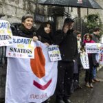 Los sindicatos mundiales en solidaridad con SNATEGS frente a la Misión Permanente de Argelia ante las Naciones Unidas en Ginebra (Suiza).