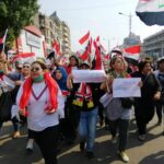 Leaders of IndustriALL affiliates join a demonstration in Baghdad