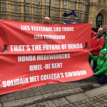 Des membres d'Unite, rejoints par des sympathisants belges, devant le Parlement britannique, le 6 mars 2019, pour sauver l'usine Honda de Swindon 