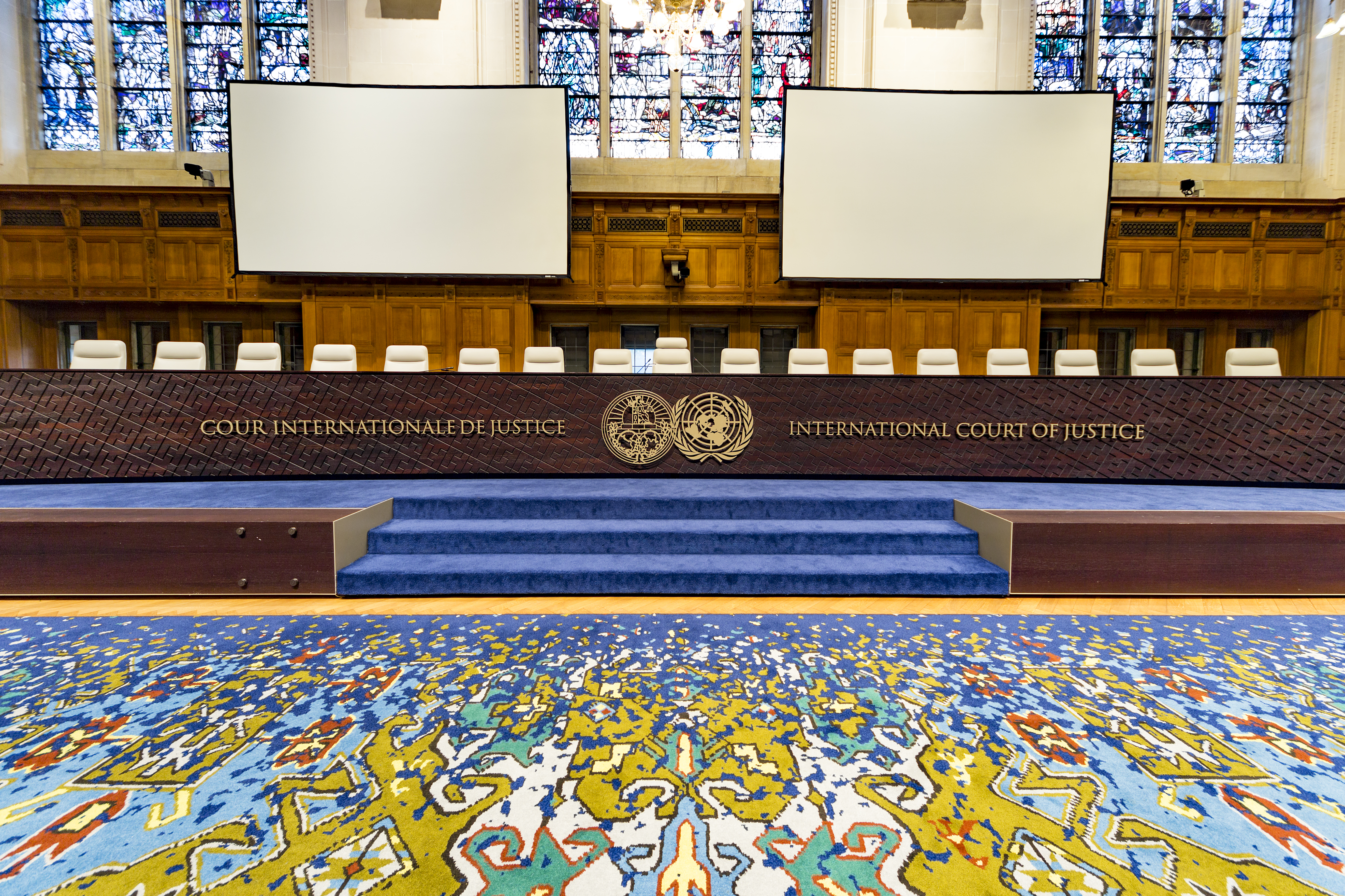 THE HAGUE, 16 December 2015: Courtroom and bench of International Court of Justice, principal judicial organ of the United Nations located at The Hague – Ankoe Light