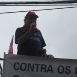 Assistant General Secretary Fernando Lopes speaks in front of Spanish Consulate in Sao Paulo, Brazil