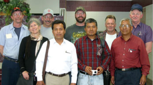 DMI workers Juan Garcia & Hilario Nava (center, front) and FAT leader Benedicto Martinez (front right) met with UE Local 715 leaders in Ohio in May