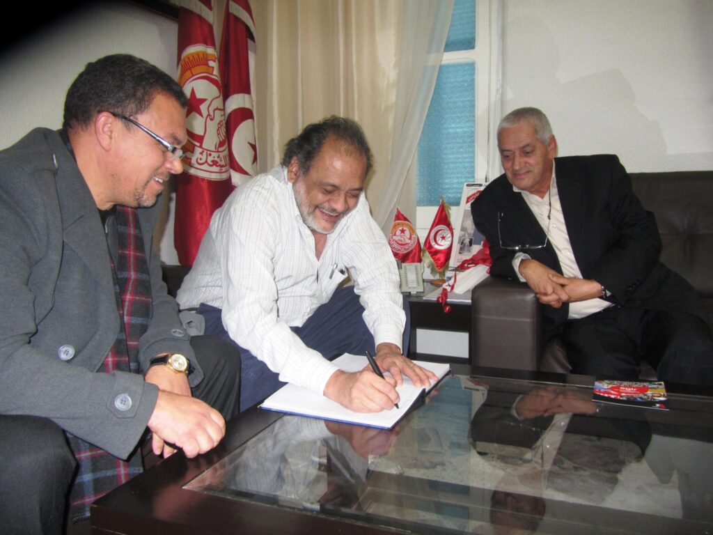 TUNIS. 7 December 2012 Meeting at UGTT HQ with Hassine Abassi UGTT SG ; Berberi Tahar, FMGE-UGTT SG. and INDUSTRIALL GLOBAL UNION AGS to support Tunisian workers' struggle to maintain the Revolution's gains and support the UGTT's call for a General Strike on 13 December 2013