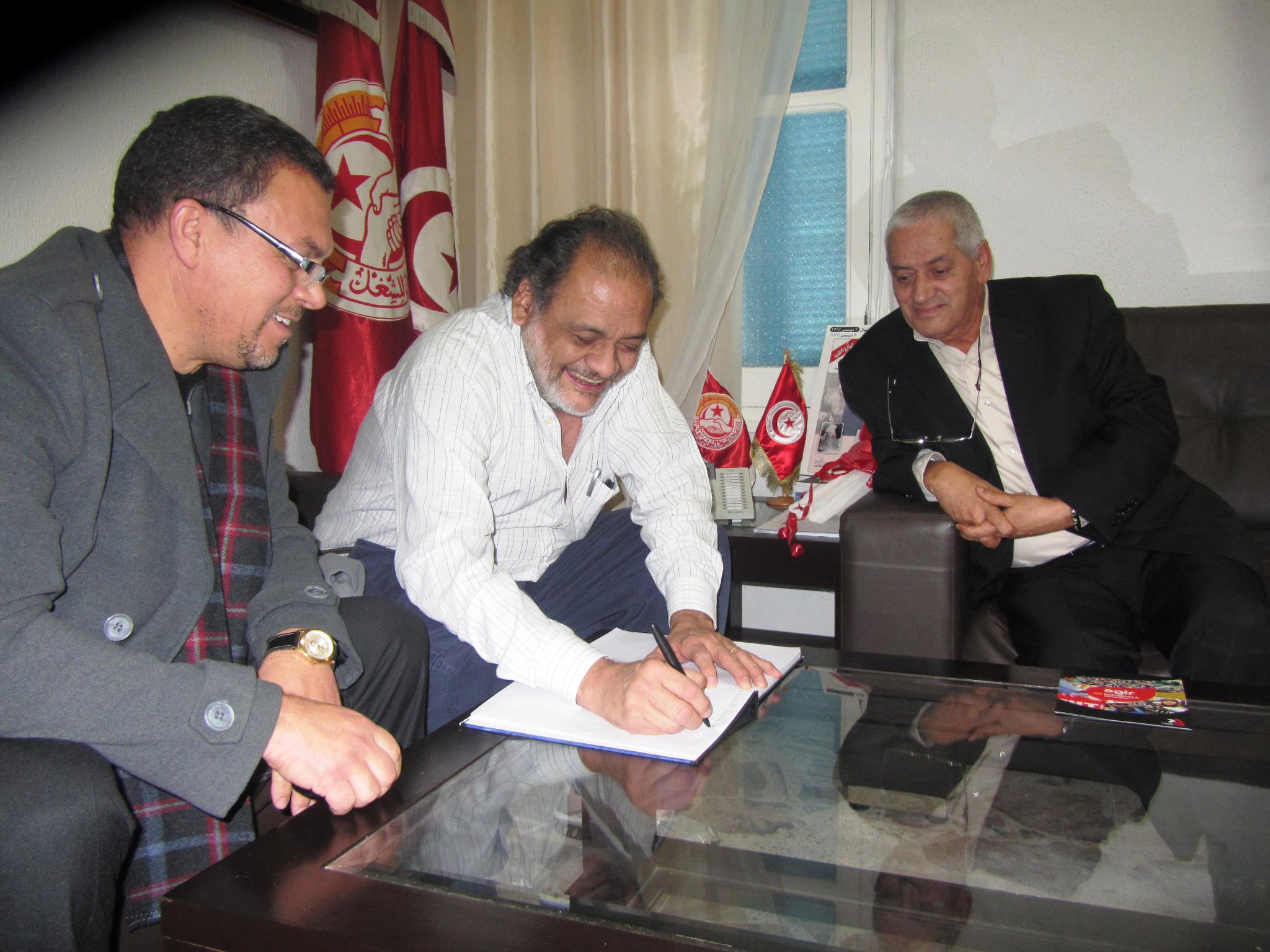 TUNIS. 7 December 2012 Meeting at UGTT HQ with Hassine Abassi UGTT SG ; Berberi Tahar, FMGE-UGTT SG. and INDUSTRIALL GLOBAL UNION AGS to support Tunisian workers' struggle to maintain the Revolution's gains and support the UGTT's call for a General Strike on 13 December 2013